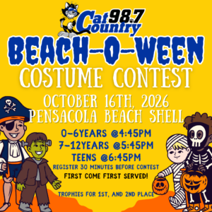 Cat Country 98.7 Beach-O-Ween costume contest schedule for October 16, 2026, at the Pensacola Beach Shell